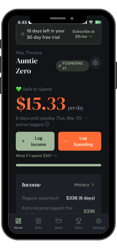 AUNTIE ZERO app interface — one calm safe-to-spend number, minimal uncluttered design