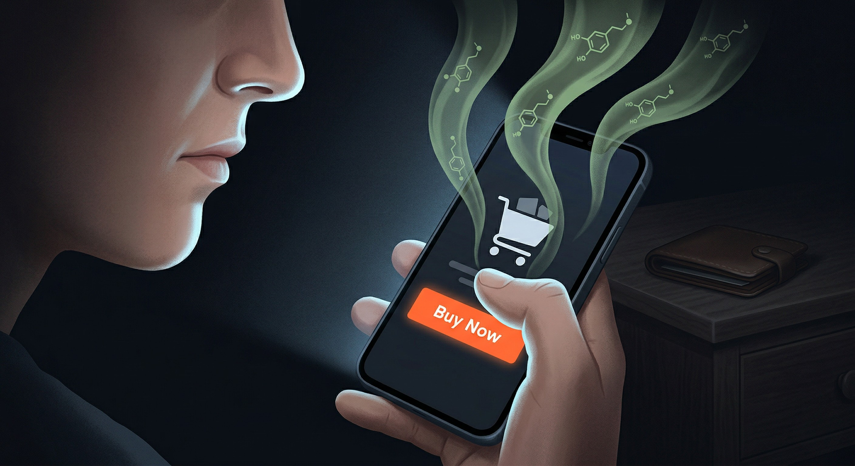 A close-up illustration of a person's face lit by phone glow in a dark room at night, with their thumb hovering over a bright orange Buy Now button. Translucent sage green dopamine molecule wisps float from the phone screen like puppet strings pulling the thumb toward the button. A closed wallet sits on a nightstand in the dark background, representing the disconnect between impulse and intention in ADHD spending.
