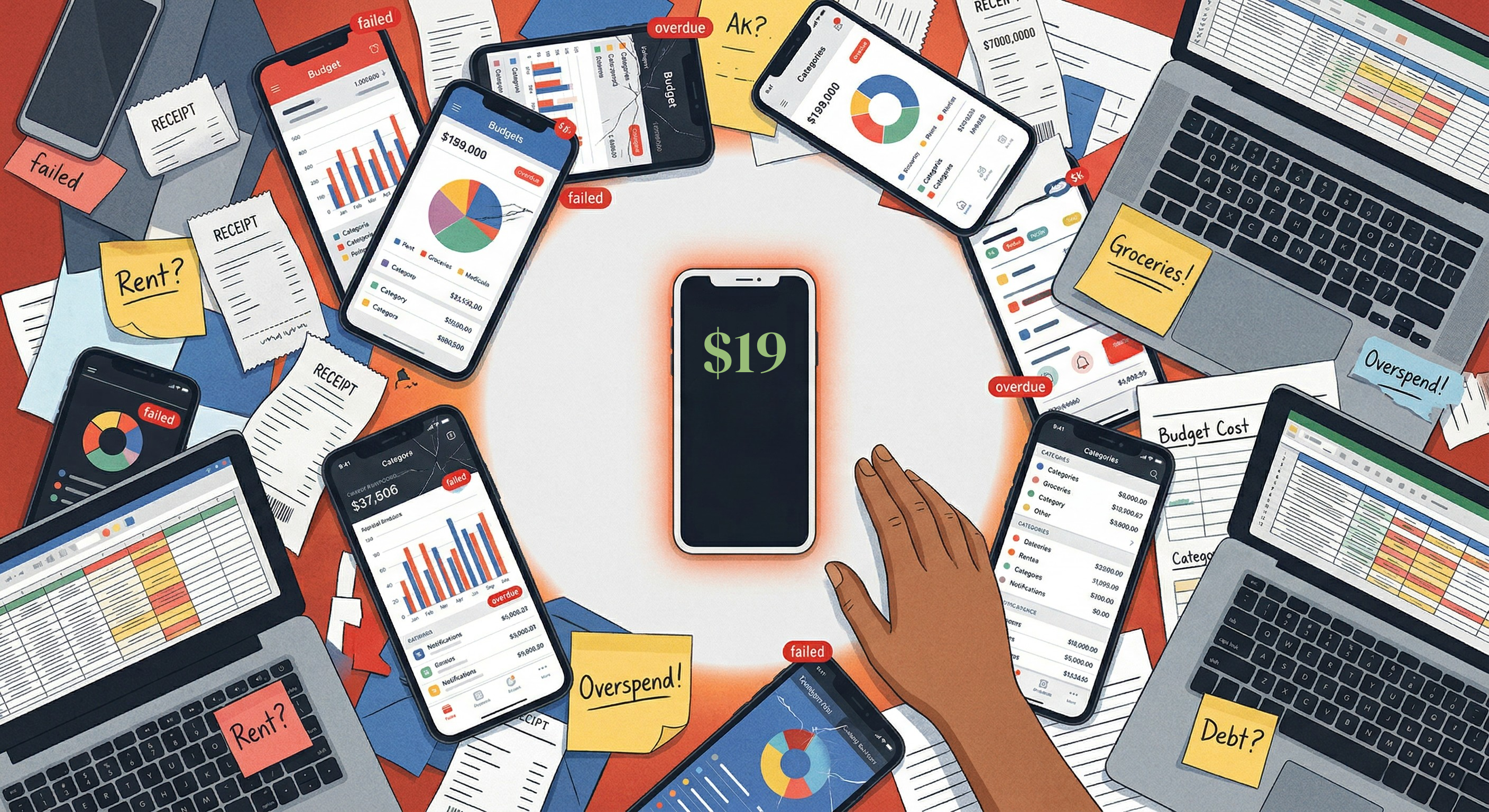 A top-down desk illustration showing chaotic budget app screens, crumpled receipts, sticky notes, and spreadsheets scattered everywhere with clashing colors and notification badges. In the center, a single phone sits in a calm cleared space showing only one large sage green number on a dark screen with no charts or categories, while a hand reaches calmly toward it, contrasting overwhelming traditional budget apps with simple ADHD-first budgeting.