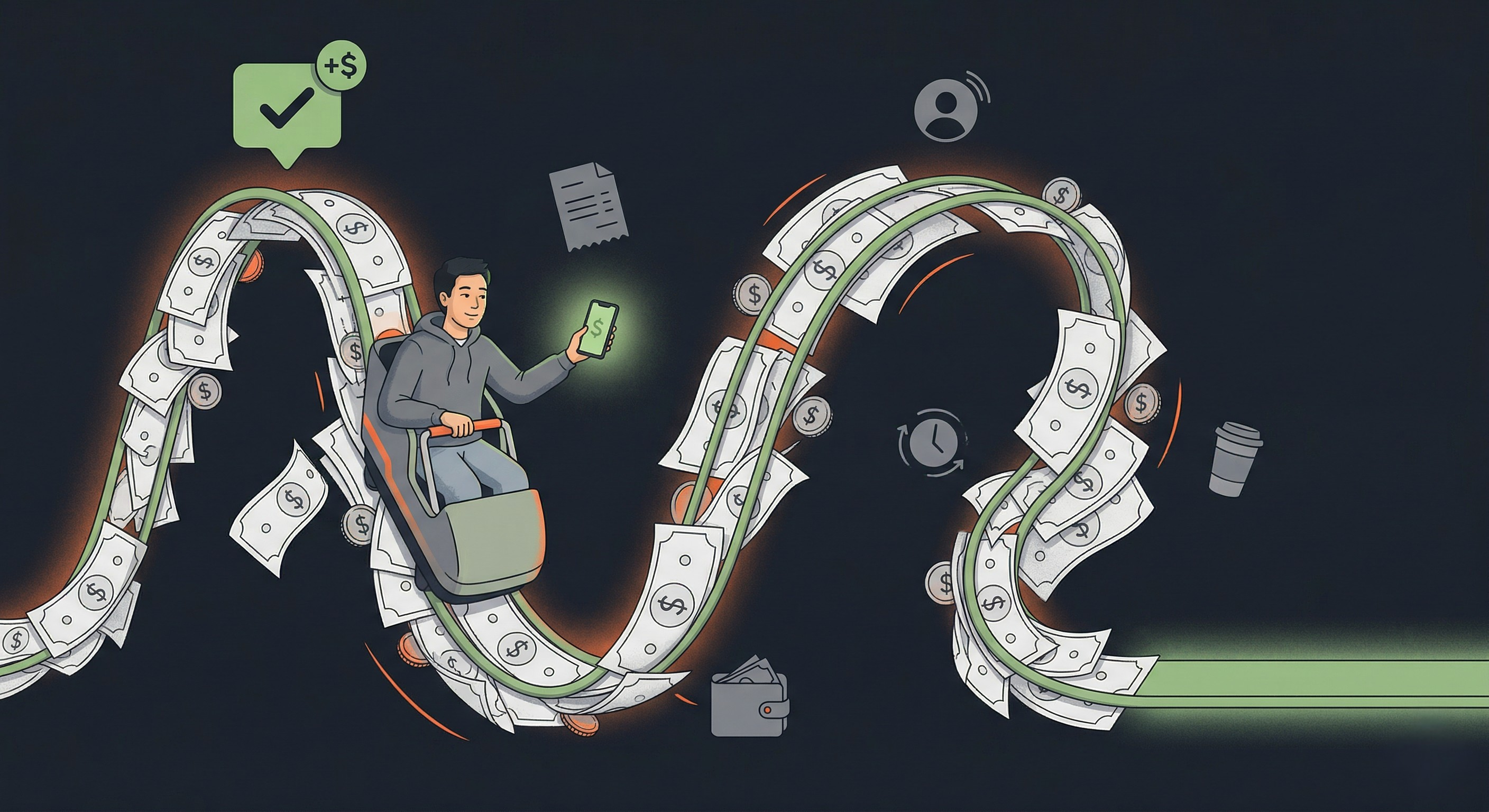 An illustration of a person calmly riding a roller coaster made of dollar bills and coins with dramatic peaks and dips, holding a phone showing a single steady sage green number. Floating icons of invoices, clocks, and gig work symbols surround the track. The roller coaster track flattens into a smooth stable orange path at the end, representing the shift from chaotic irregular income to stable budgeting with a real-time safe-to-spend system.