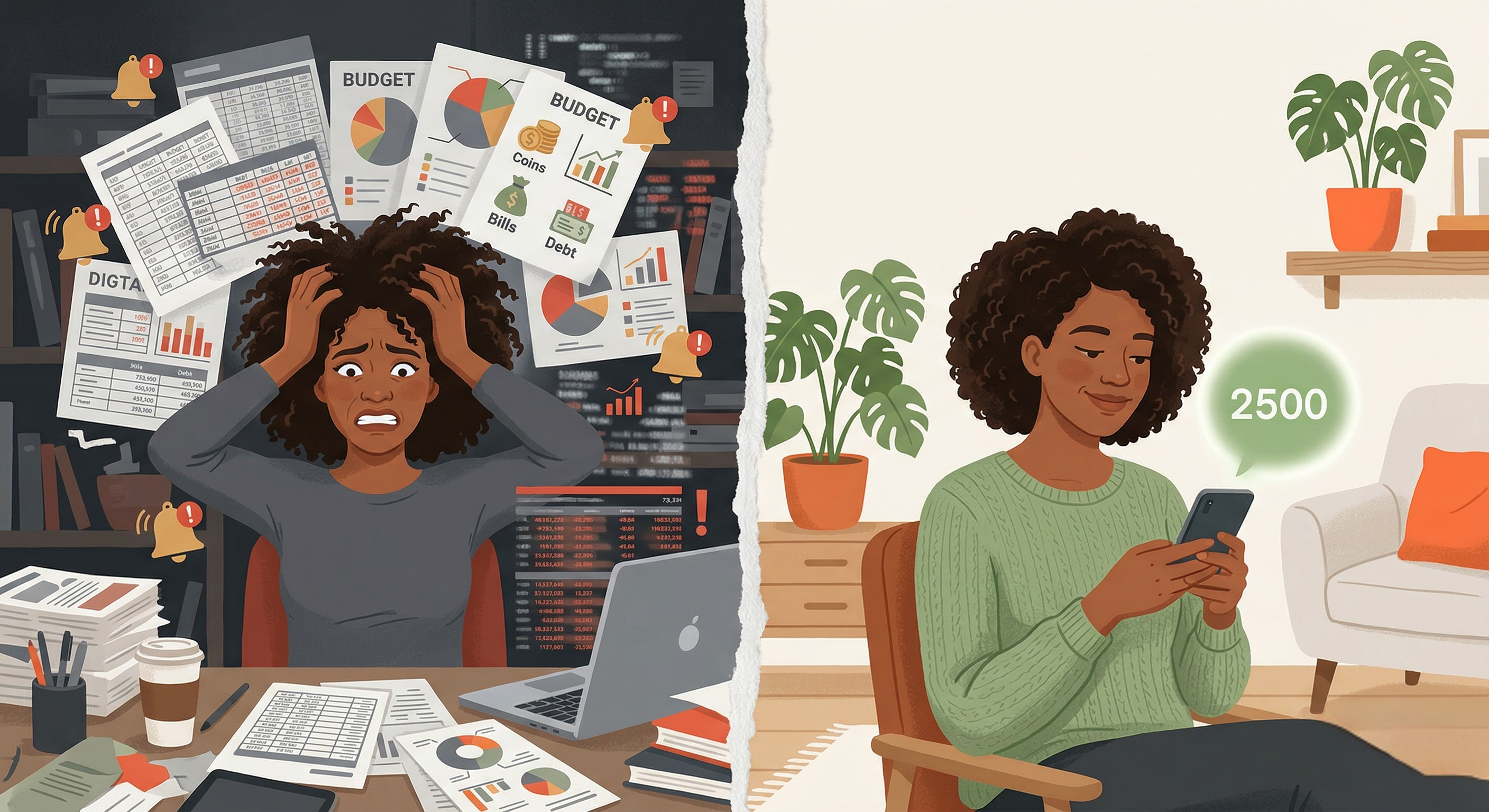 Split-screen illustration showing a Black woman overwhelmed by chaotic floating spreadsheets and budget charts on the left, contrasted with the same woman calmly checking a single number on her phone on the right. The left side is gray and cluttered, the right side is clean with sage green and orange tones, representing the difference between traditional budgeting tools and ADHD-friendly budgeting.